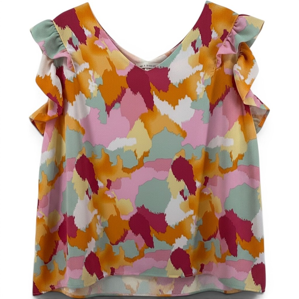 Hayden Los Angeles Abstract Ruffle Sleeve V-Neck Blouse Multicolor 3XL HY7961W